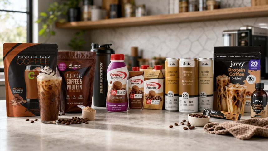 Protein coffee products with visible packaging labels arranged for a FitnessVolt review