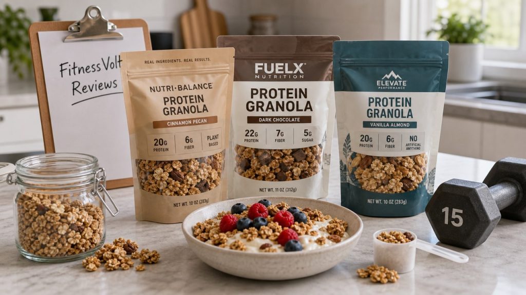 Protein granola products arranged for a FitnessVolt review