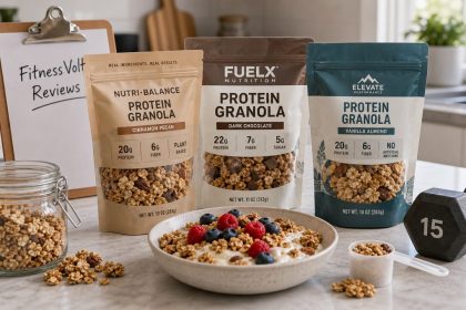 Protein granola products arranged for a FitnessVolt review