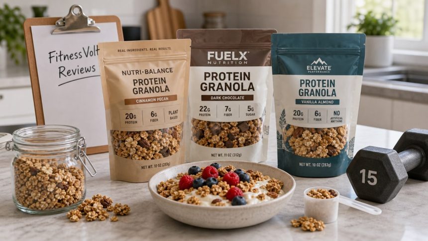 Protein granola products arranged for a FitnessVolt review