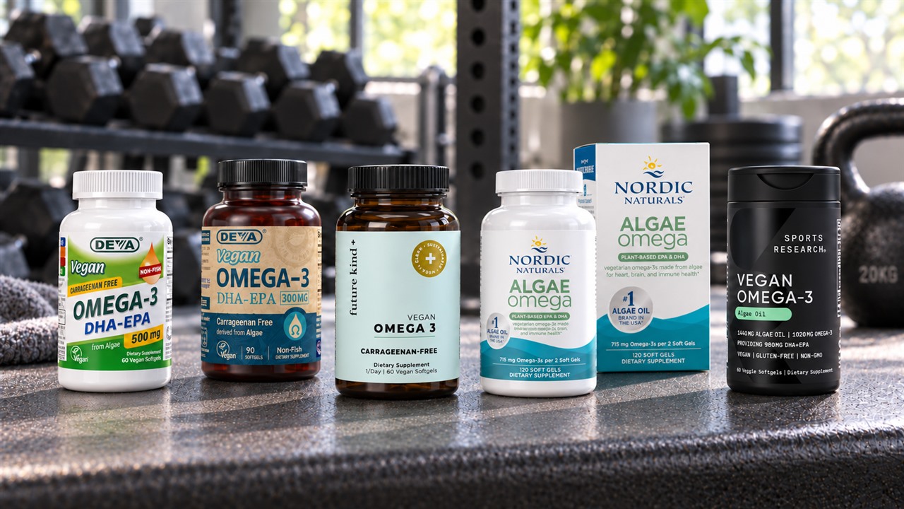 Five vegan omega-3 products from Sports Research, Nordic Naturals, DEVA and Future Kind on a gym bench