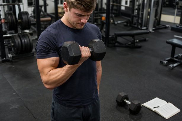Lifter performing a strict dumbbell curl with a training log nearby