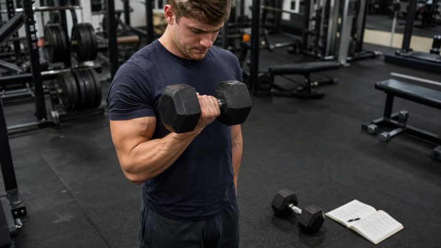 Lifter performing a strict dumbbell curl with a training log nearby