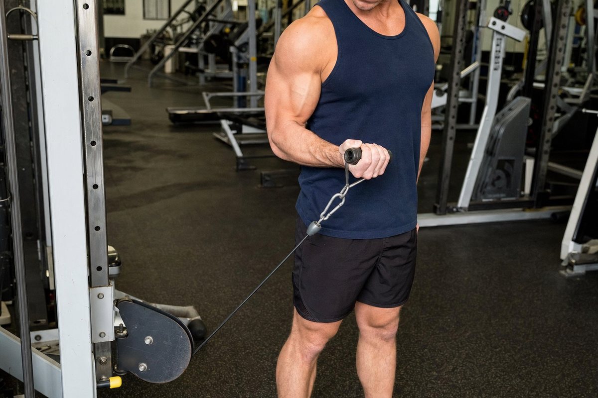 Cable curl setup showing low pulley tension and stable elbow position