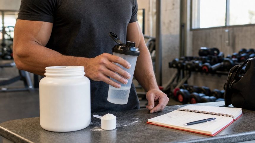 Creatine monohydrate scoop and shaker on a gym counter for a creatine claims fact check