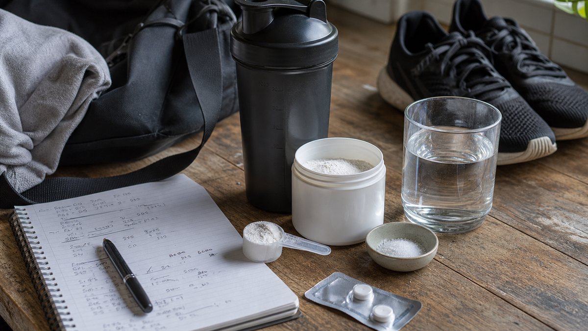 Creatine scoop, shaker, water, salt, and training notebook for a practical dosing setup