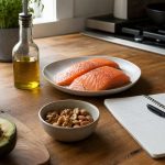 Salmon eggs avocado olive oil and nuts arranged for a dietary fats and testosterone guide