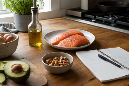 Salmon eggs avocado olive oil and nuts arranged for a dietary fats and testosterone guide