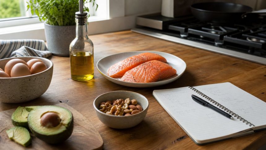 Salmon eggs avocado olive oil and nuts arranged for a dietary fats and testosterone guide