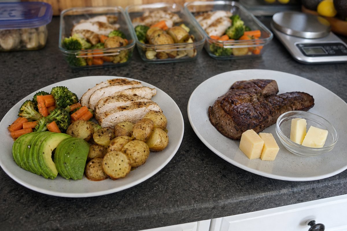 Meal prep plates comparing balanced unsaturated fats with higher saturated fat choices