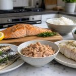 Fish protein meal prep with salmon tuna cod sardines rice and vegetables
