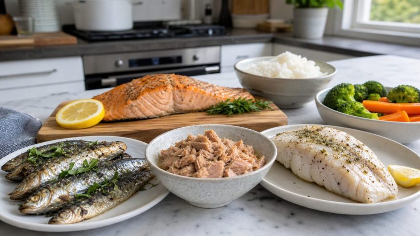 Fish protein meal prep with salmon tuna cod sardines rice and vegetables