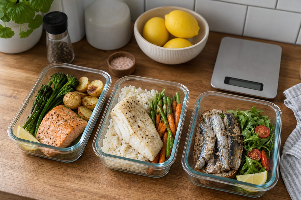 Meal-prep containers with salmon cod sardines and training-friendly sides