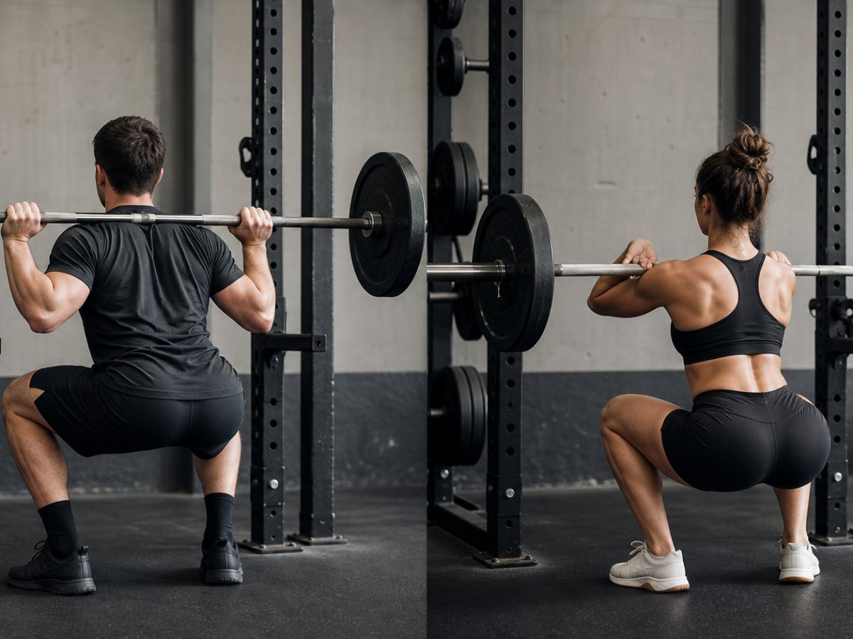 Back squat position in a power rack with bar across the upper back