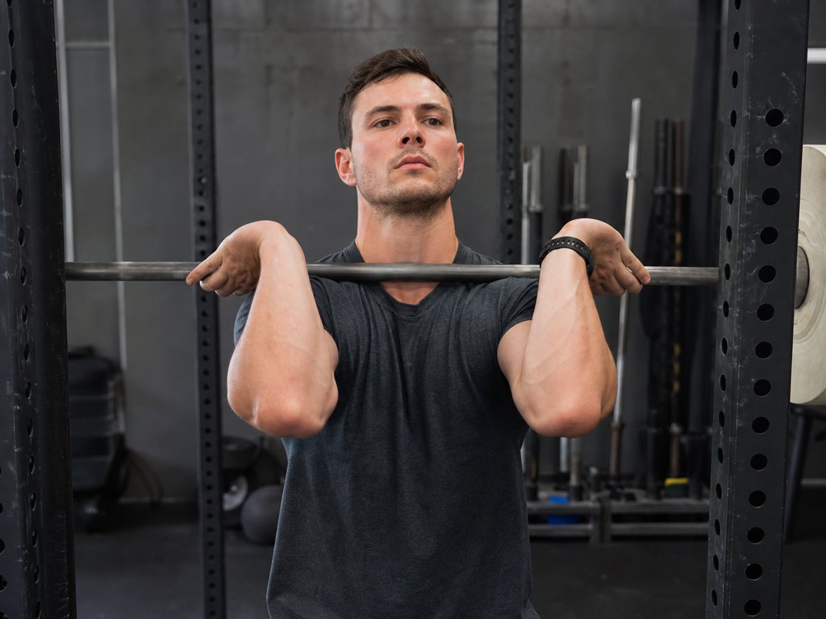 Front squat rack position with bar across front delts and elbows high