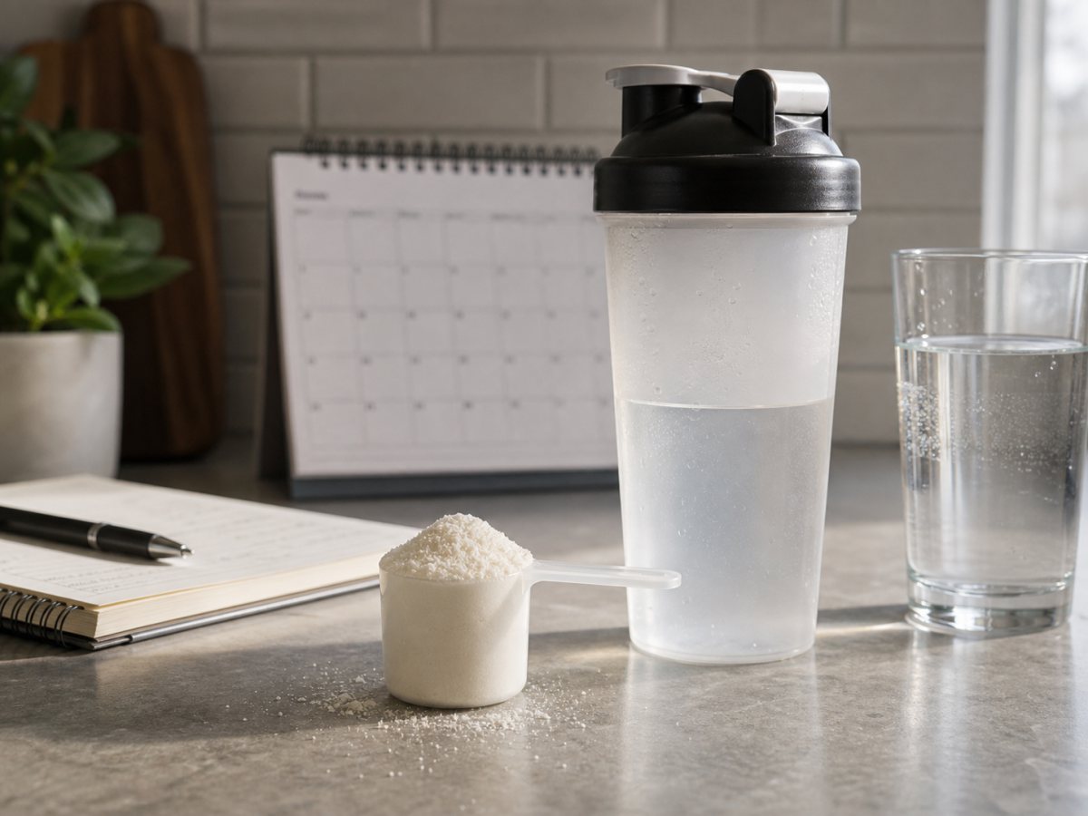 Unbranded shaker, supplement scoop, water glass, and training notebook for beta-alanine dosing