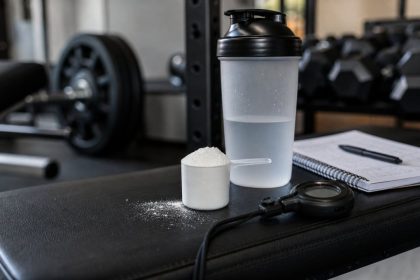Unbranded shaker, scoop, stopwatch, training log, and dumbbells for beta-alanine evidence
