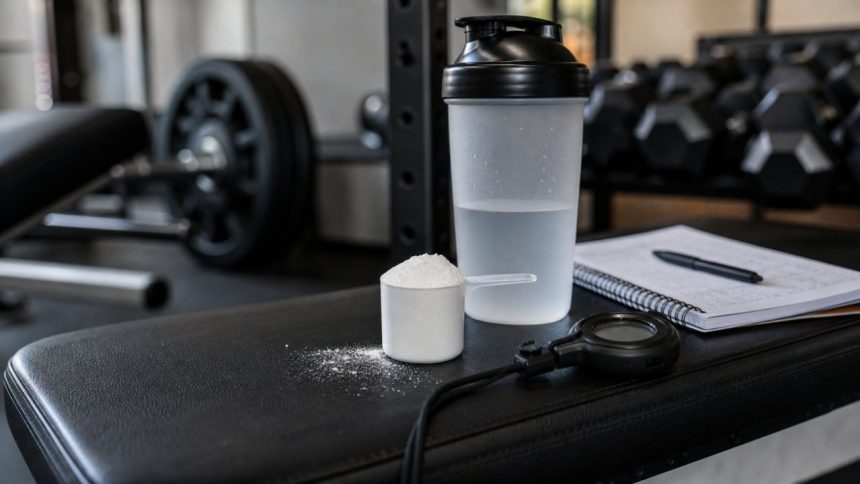 Unbranded shaker, scoop, stopwatch, training log, and dumbbells for beta-alanine evidence