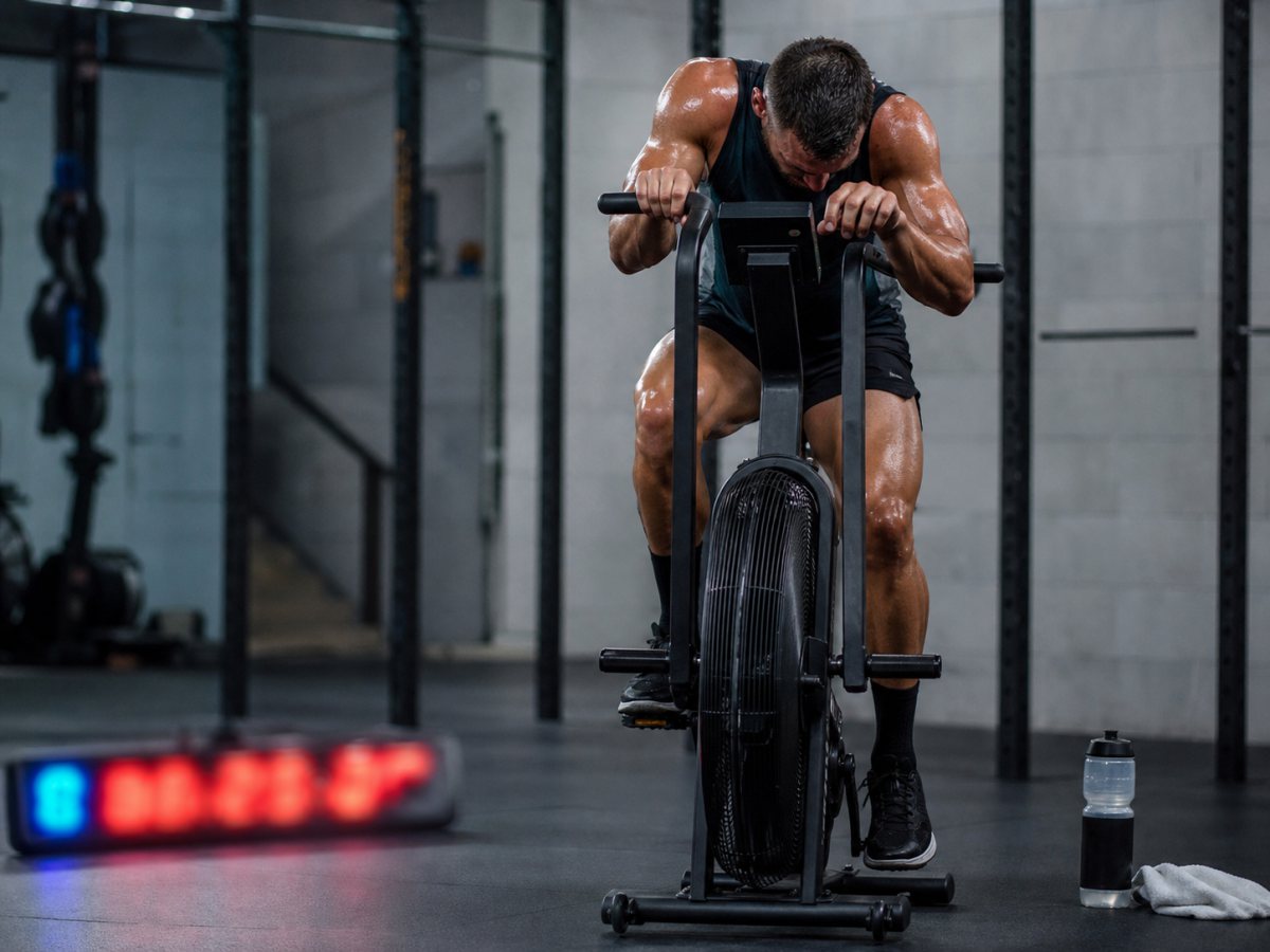 Athlete on an air bike after a hard high-intensity interval