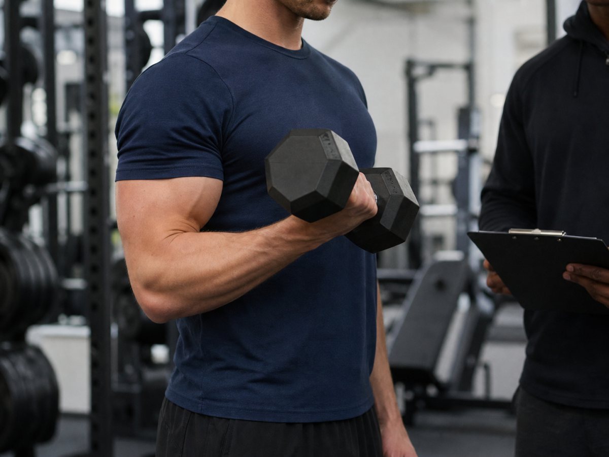 Strict dumbbell curl with neutral wrist and elbow close to the torso