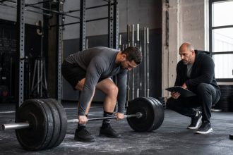 Coach observing a conventional deadlift setup with a loaded barbell in a strength gym