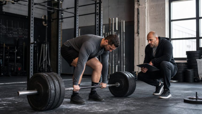 Coach observing a conventional deadlift setup with a loaded barbell in a strength gym