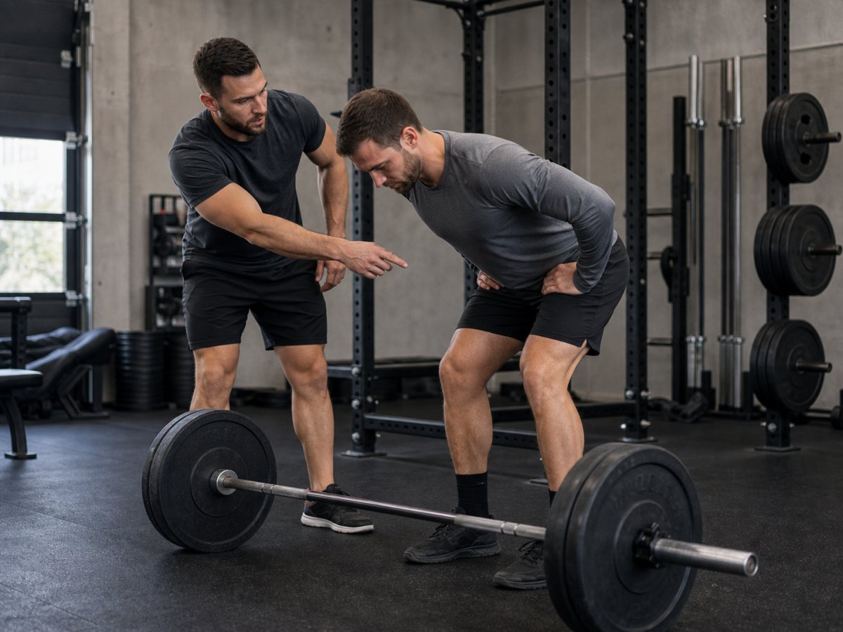 Coach teaching a lifter a clean deadlift hip hinge beside a correctly loaded barbell