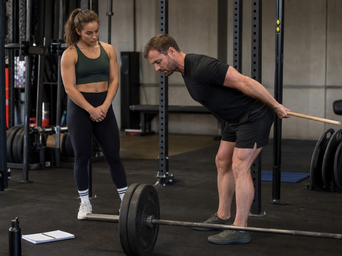 Coach demonstrating a hip hinge with a dowel beside a loaded barbell