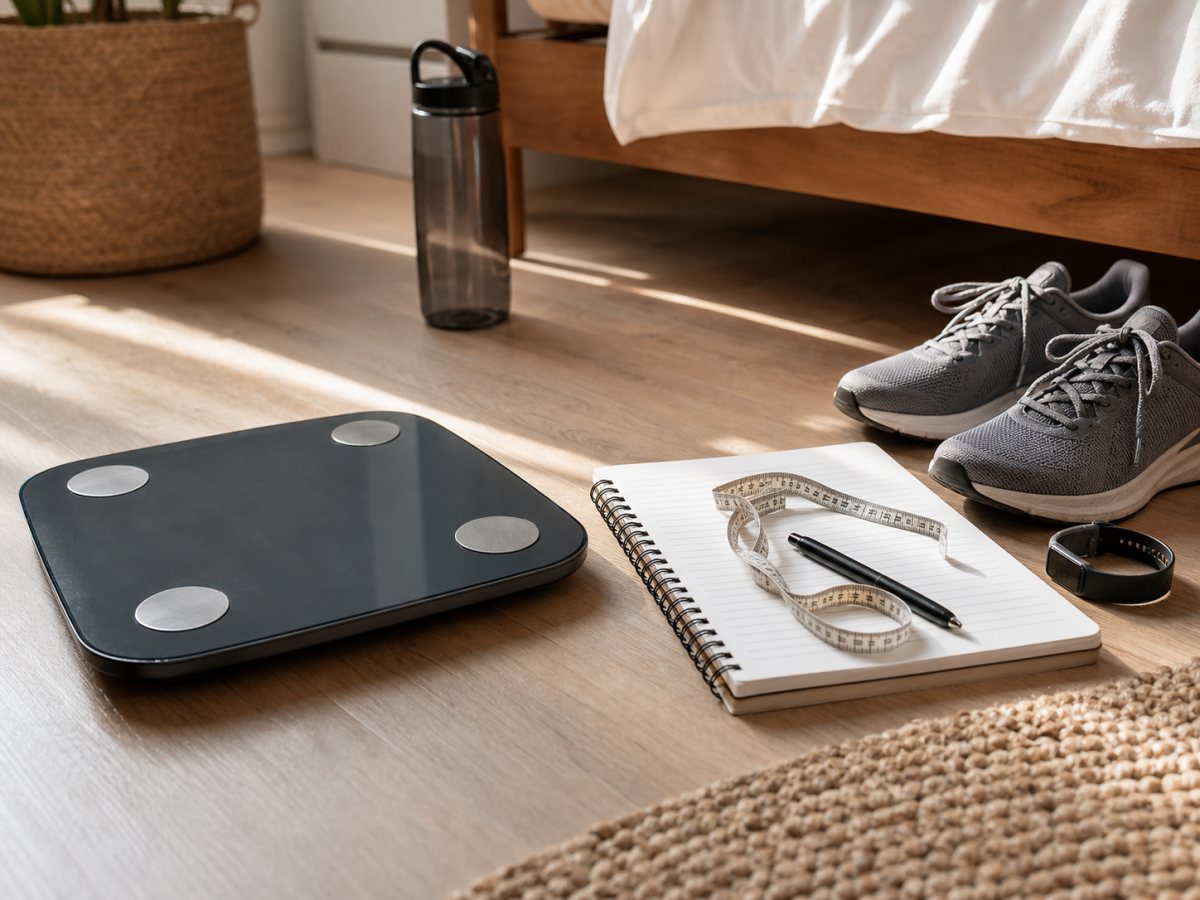 Scale, notebook, tape measure, watch, and walking shoes for tracking a fat-loss plateau