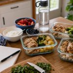 High-protein meal prep containers with chicken, potatoes, rice, broccoli, yogurt, fruit, water, and a food log