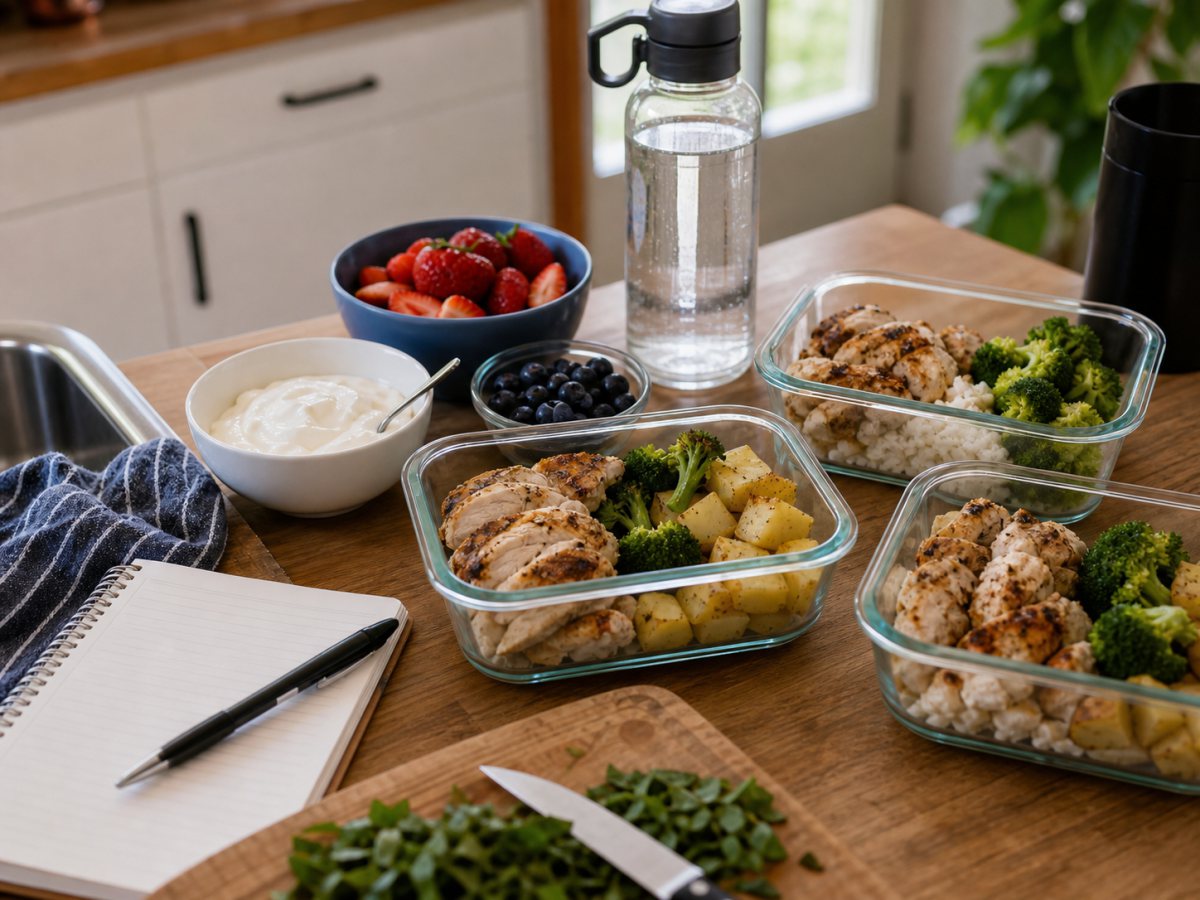High-protein meal prep with lean protein, potatoes, vegetables, yogurt, fruit, and water