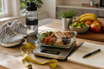 Meal prep bowl, food scale, tape measure, walking shoes, and training log for fat-loss troubleshooting