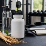 Ginseng root with water bottle and training log in a modern gym