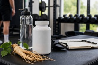 Ginseng root with water bottle and training log in a modern gym