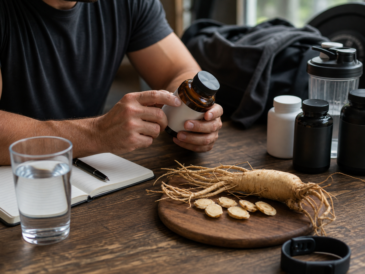 Ginseng root, plain supplement bottles, notebook, water, smartwatch, and gym gear for label reading
