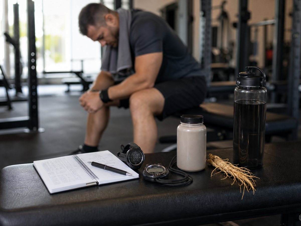 Training log, stopwatch, water bottle, plain supplement bottle, and ginseng root on a gym bench