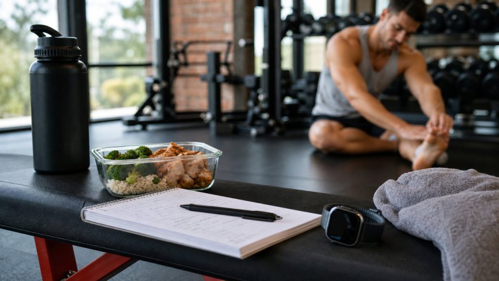 Training log, recovery meal, sleep tracker, and lifter in a gym for natural growth hormone habits