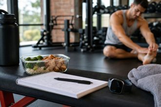 Training log, recovery meal, sleep tracker, and lifter in a gym for natural growth hormone habits