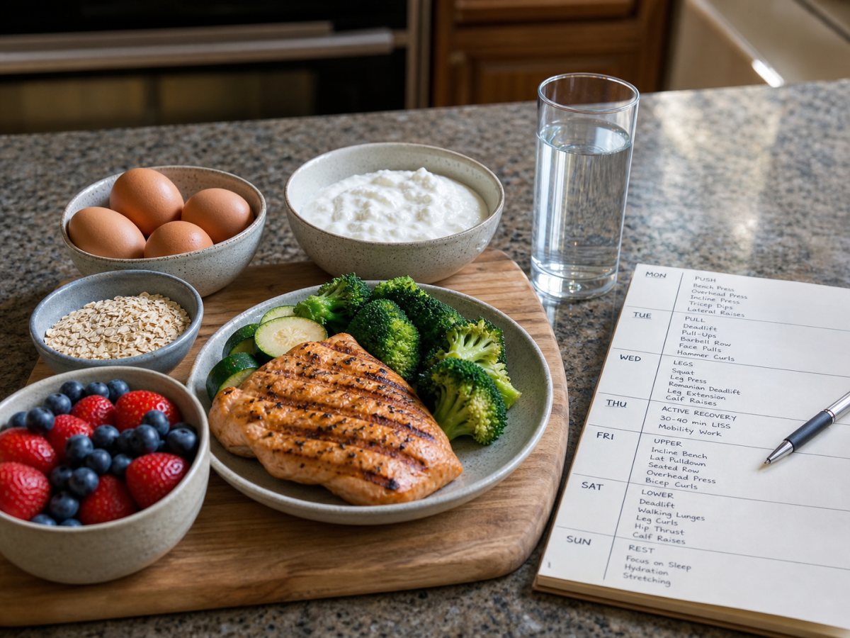 Protein foods, berries, oats, vegetables, water, and a training plan for hormone-supportive recovery