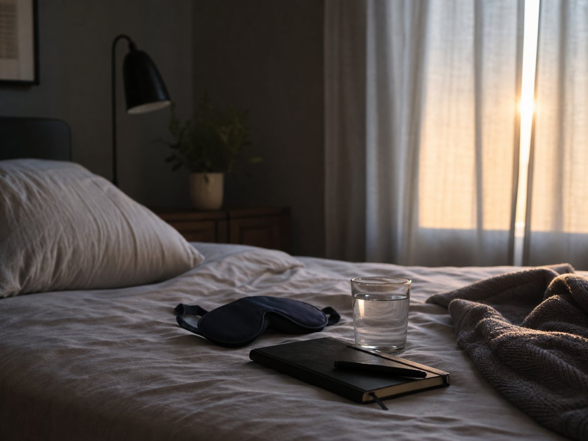 Sleep mask, water, phone, and notebook arranged for better recovery sleep
