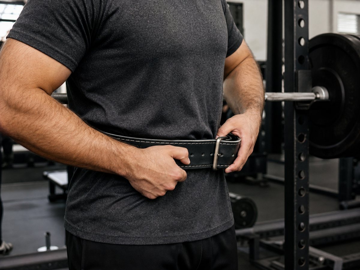 Lifter adjusting an unbranded leather lifting belt before a heavy set in a rack