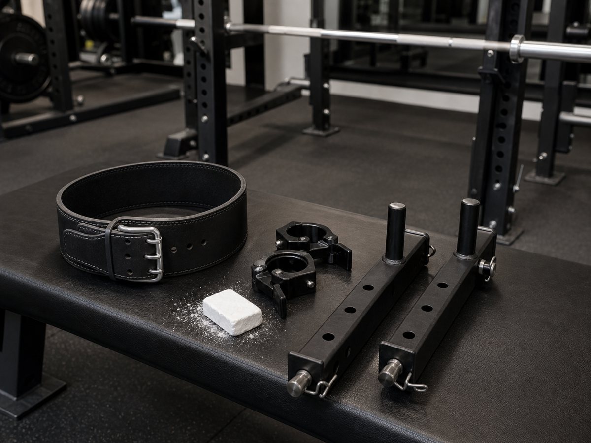 Lifting belt, barbell collars, chalk, and rack safety hardware on a gym bench