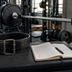 Unbranded lifting belt on a bench beside a loaded barbell and training log