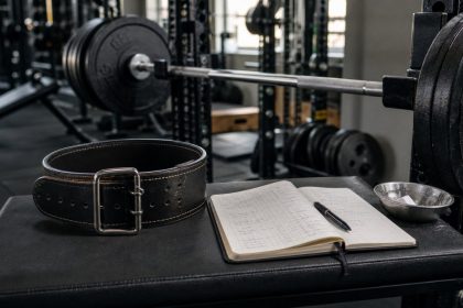 Unbranded lifting belt on a bench beside a loaded barbell and training log