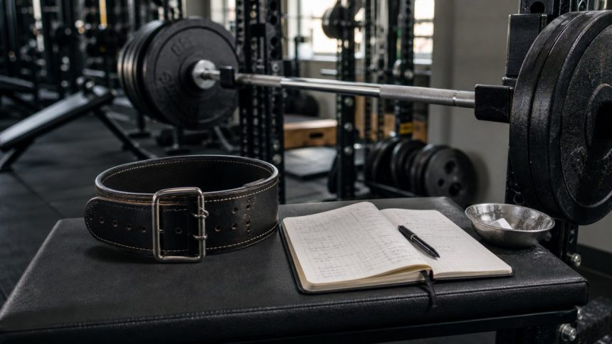 Unbranded lifting belt on a bench beside a loaded barbell and training log