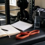 Training log, calendar, resistance band, dumbbells, and gym bag for a detraining timeline