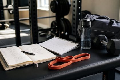 Training log, calendar, resistance band, dumbbells, and gym bag for a detraining timeline