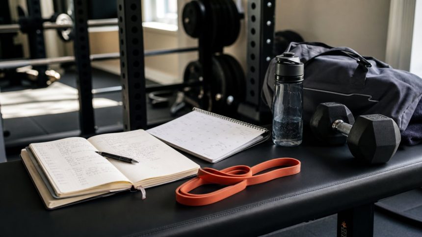 Training log, calendar, resistance band, dumbbells, and gym bag for a detraining timeline