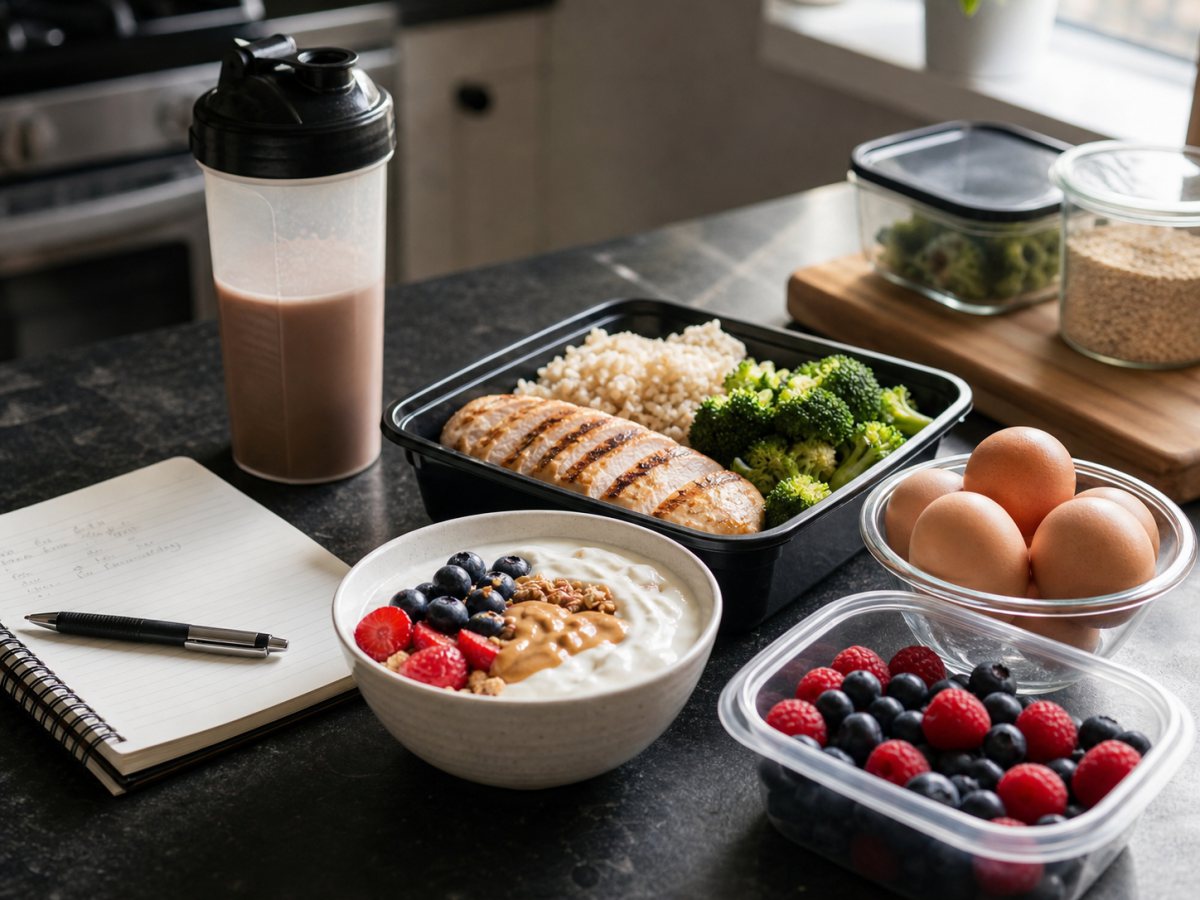 Protein shake, eggs, Greek yogurt, berries, and meal prep beside a notebook