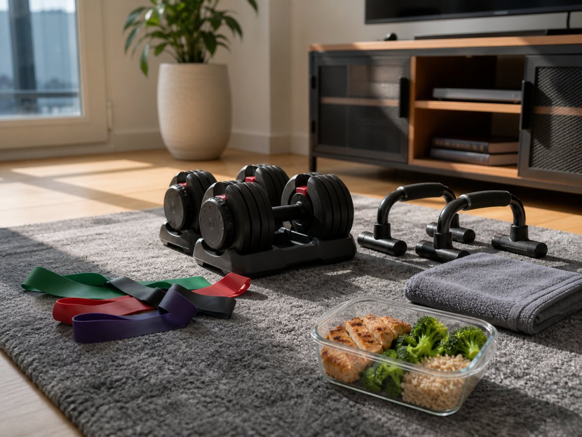 Dumbbells, resistance bands, push-up handles, and meal prep for maintaining muscle during a layoff